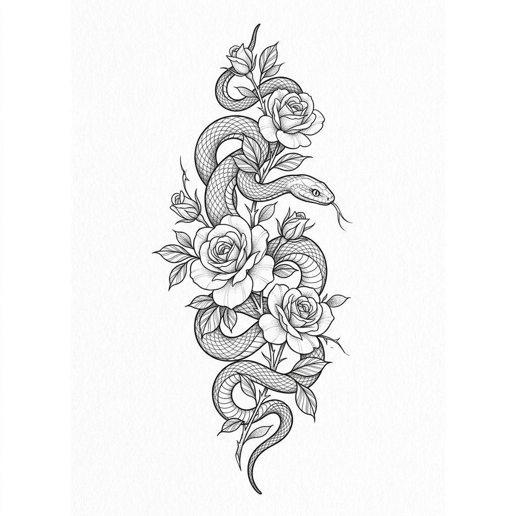 women's thigh tattoo snake and flowers, design on white background