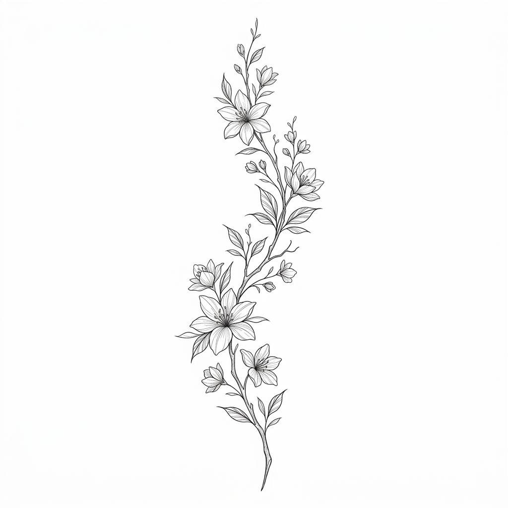 women's thigh tattoo vertical flowering branch, design on white background