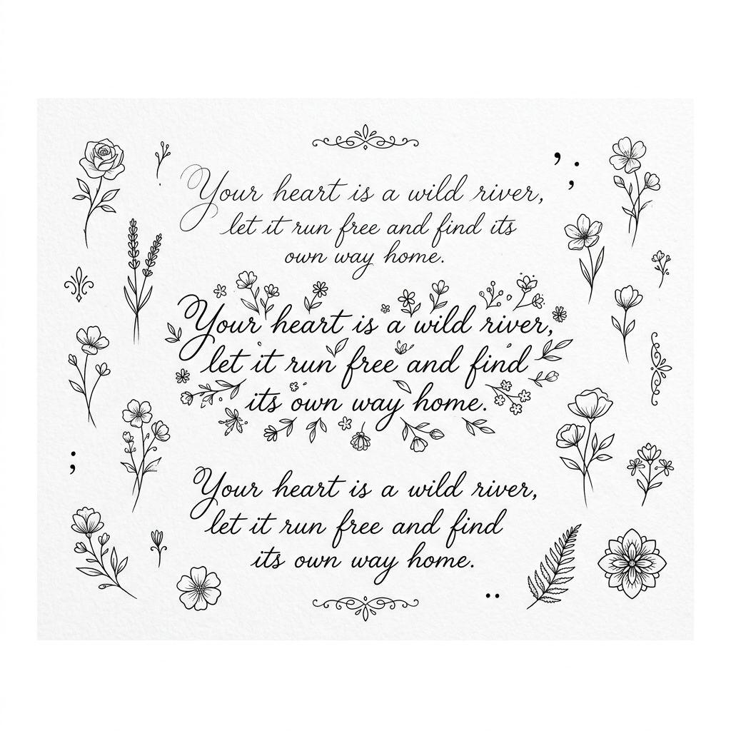 women's thigh tattoo quote and flowers, design on white background