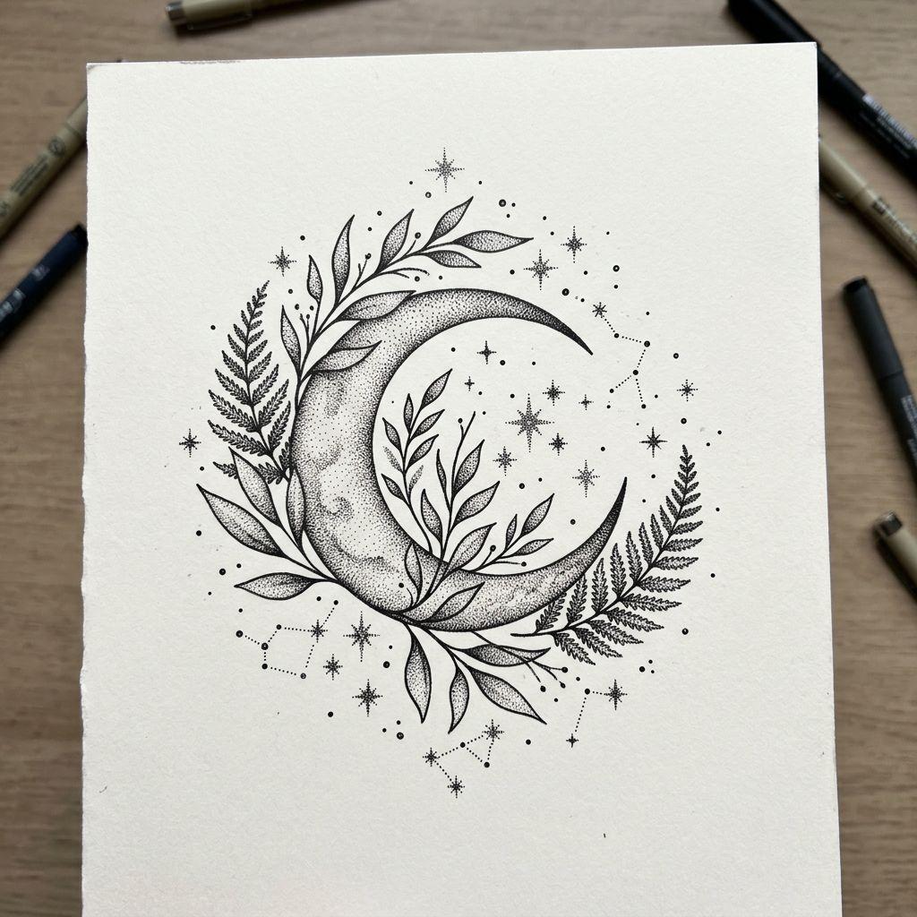 women's thigh tattoo moon and botanicals, design on white background
