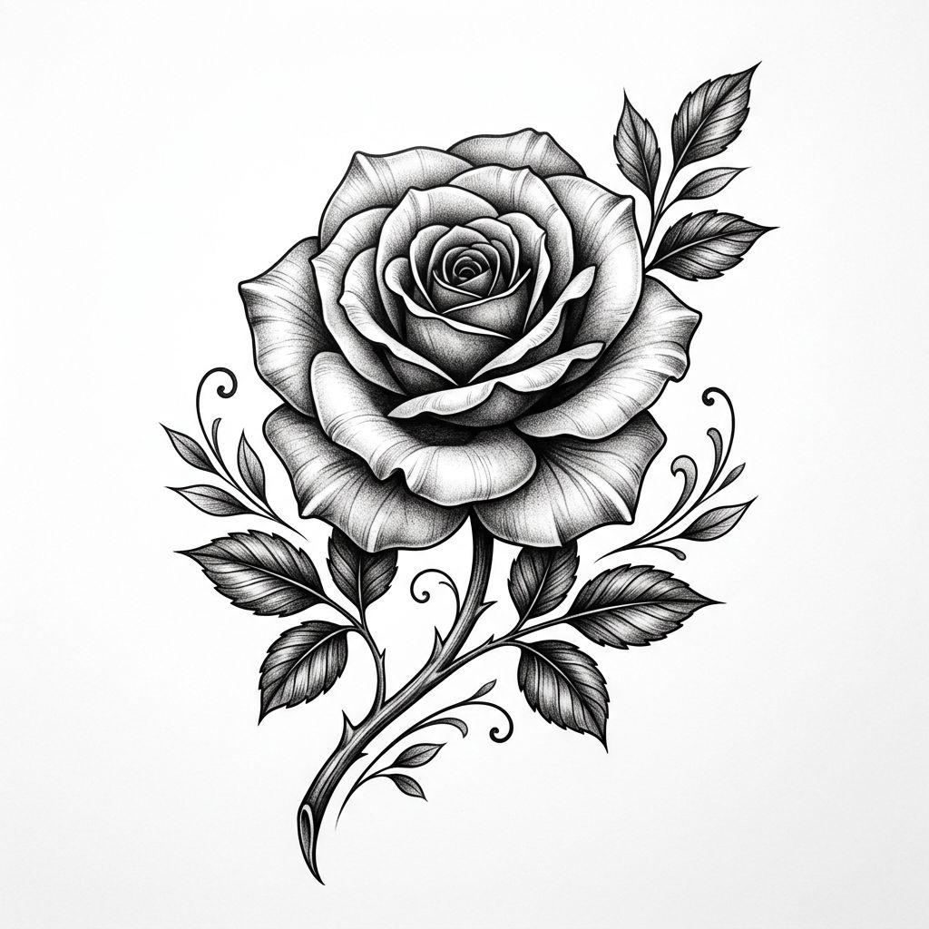 women's thigh tattoo realistic rose, design on white background