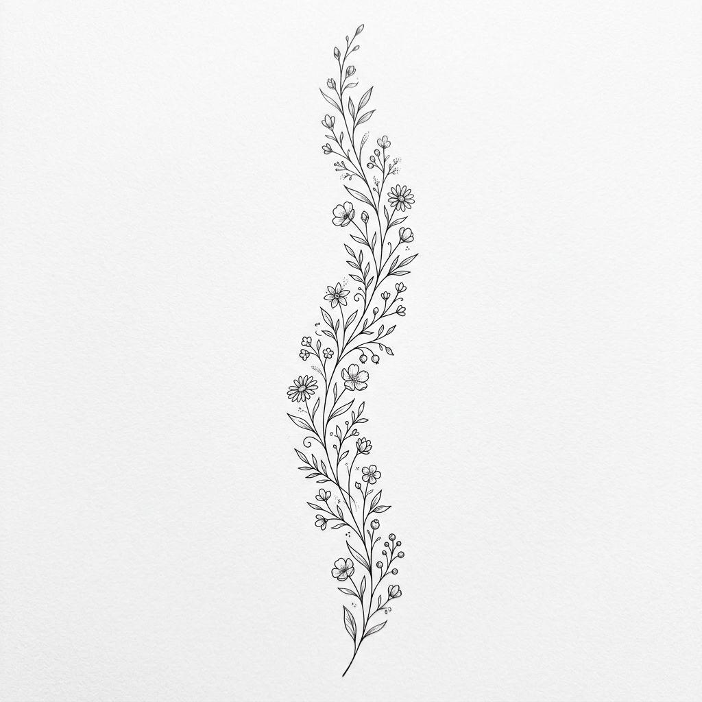 women's back tattoo fine line floral spine, design on white background