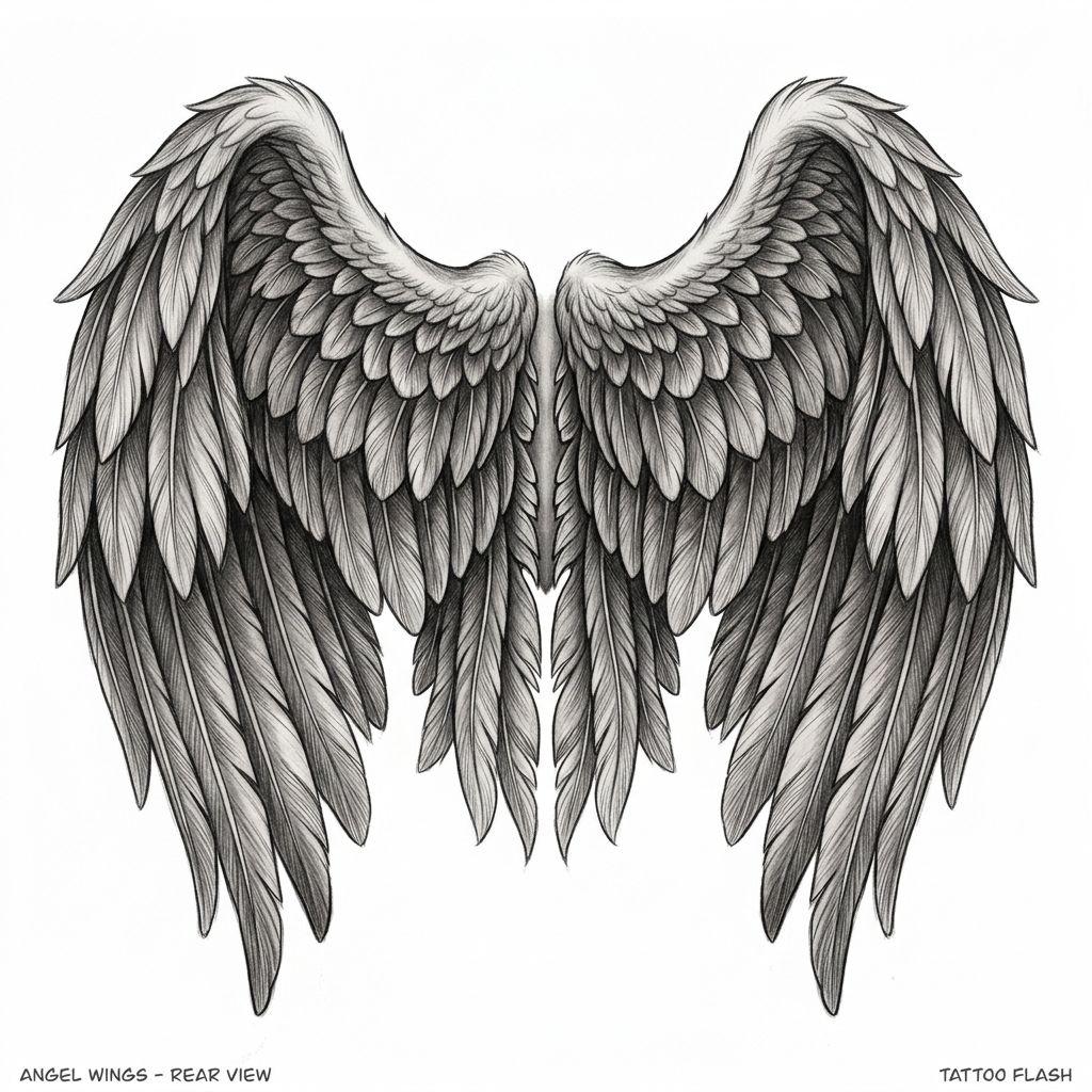 women's back tattoo angel wings on the shoulder blades, design on white background