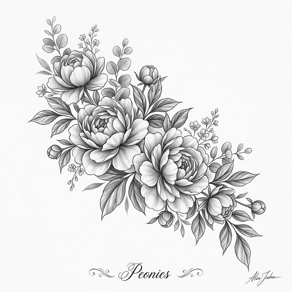 women's back tattoo realistic peonies on the shoulder blade, design on white background
