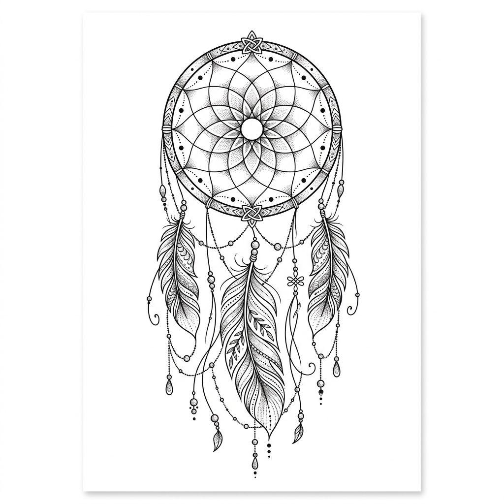 women's back tattoo back dreamcatcher, design on white background