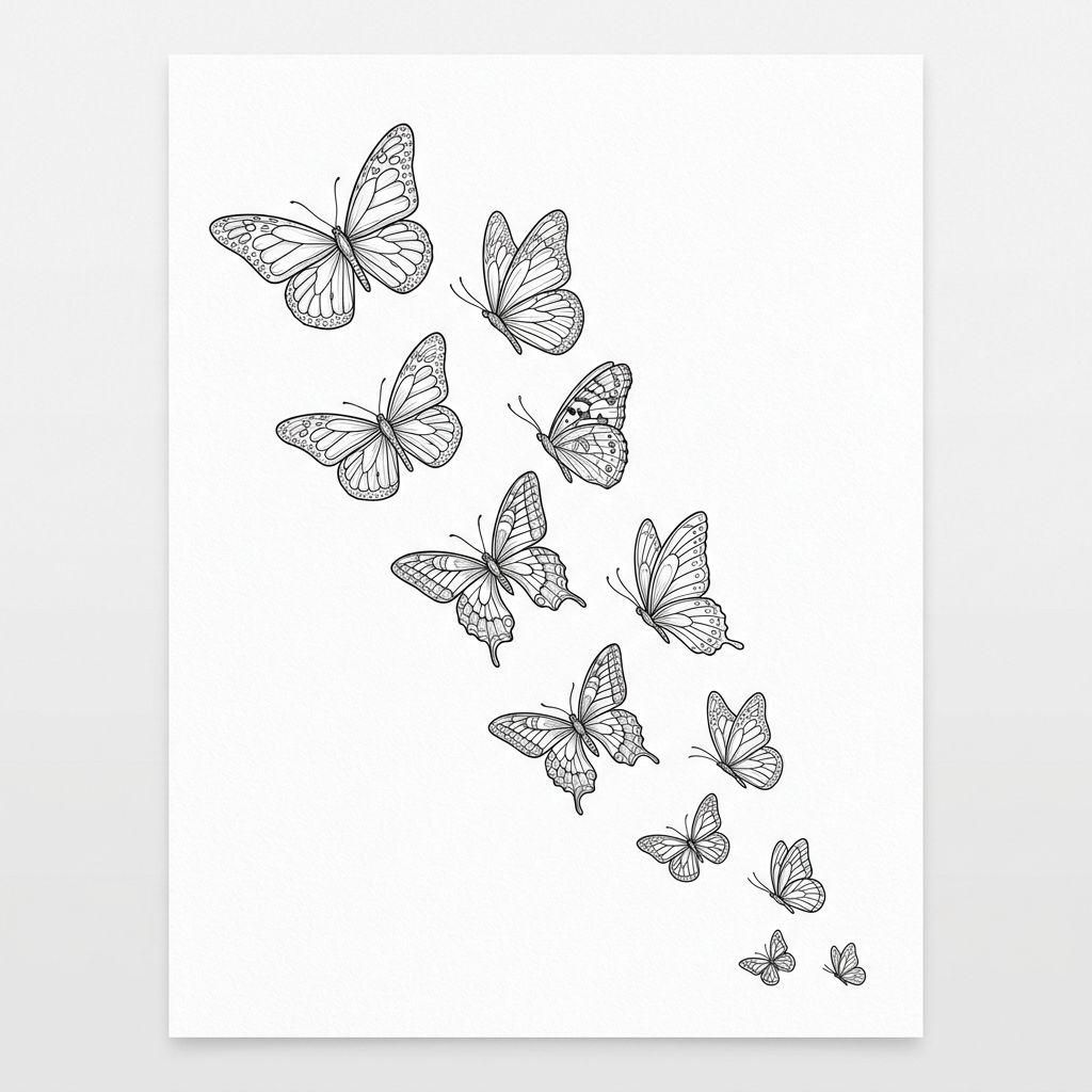 women's back tattoo cascading butterflies, design on white background