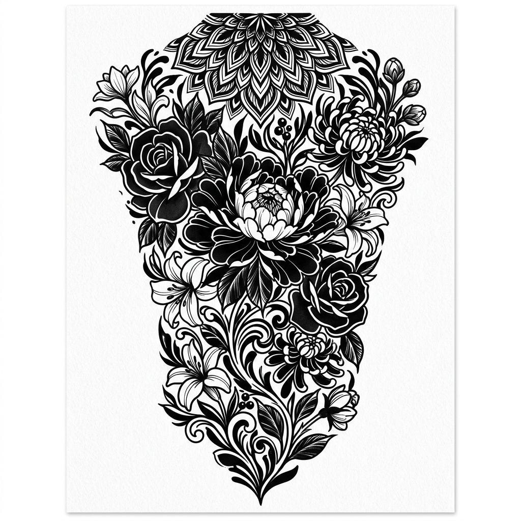 women's back tattoo large floral blackwork piece, design on white background