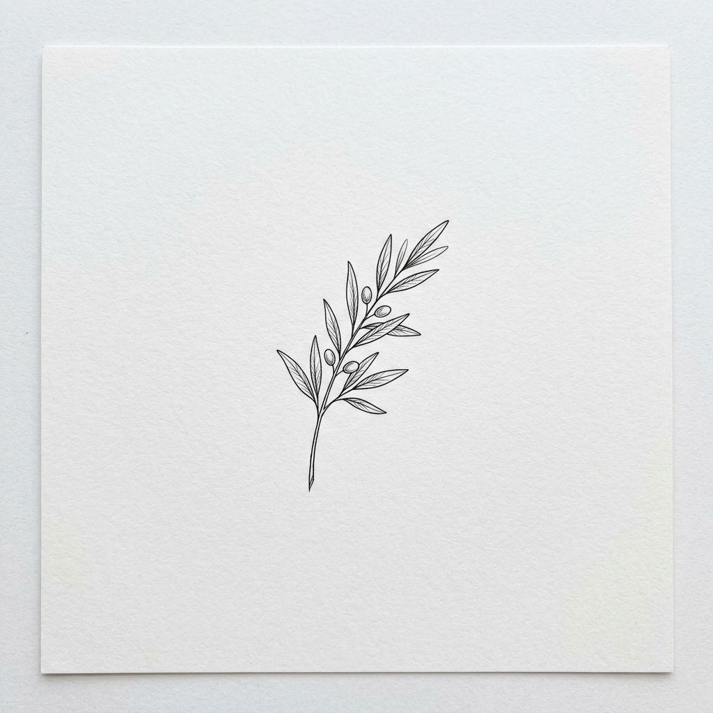 women's back tattoo olive branch below the nape, design on white background