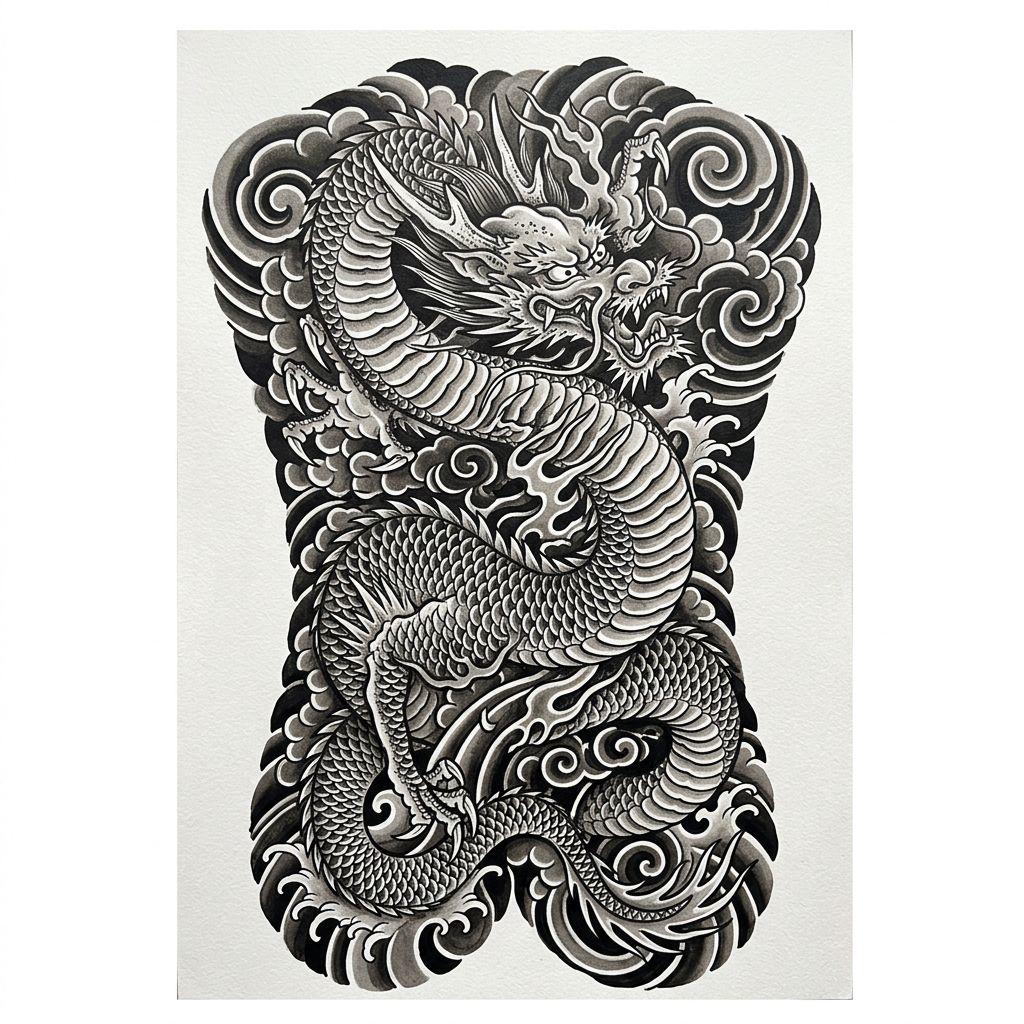 men's back tattoo japanese irezumi dragon, design on white background