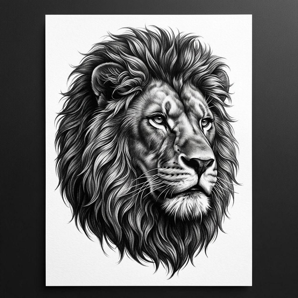men's back tattoo realistic lion upper back, design on white background