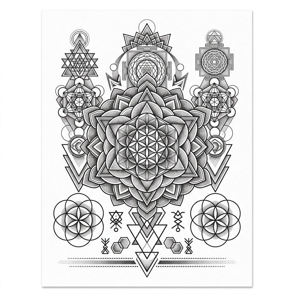 men's back tattoo sacred geometry back piece, design on white background