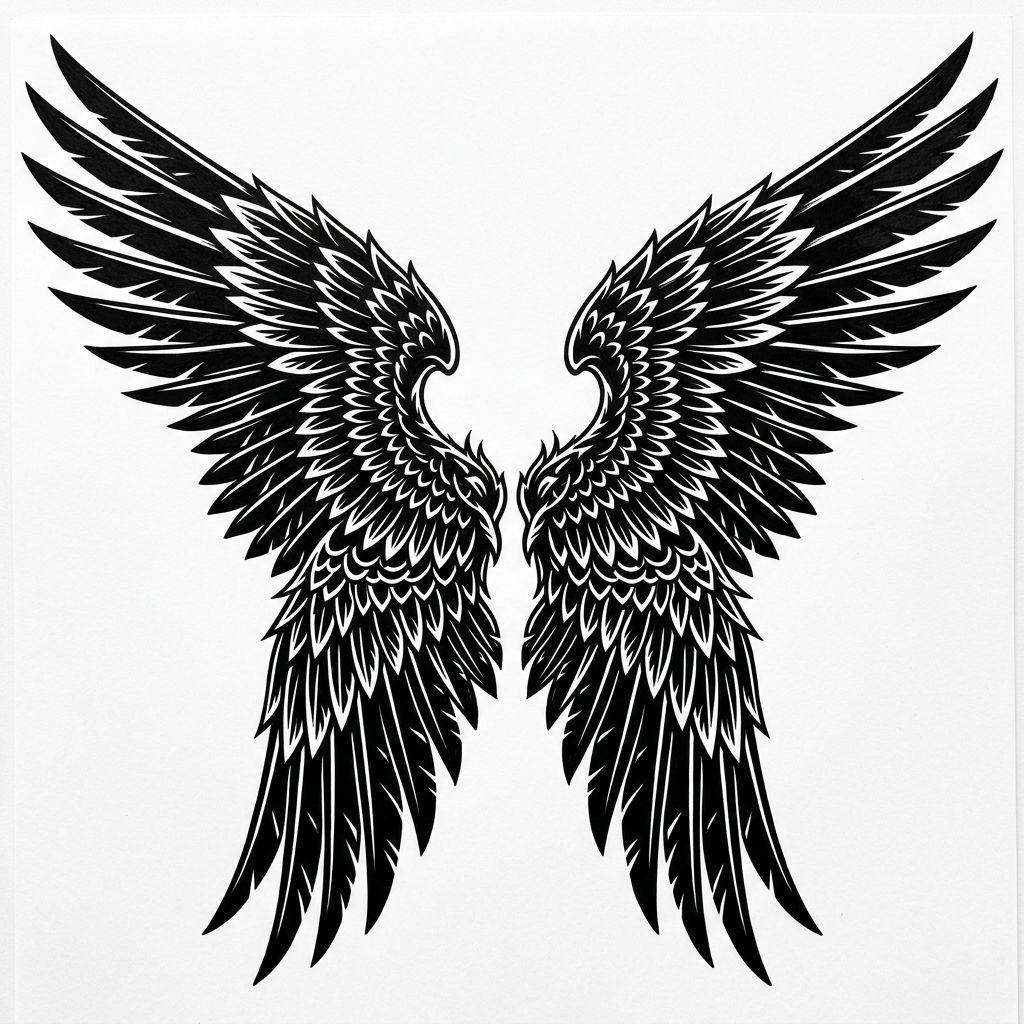 men's back tattoo blackwork wings on the shoulder blades, design on white background