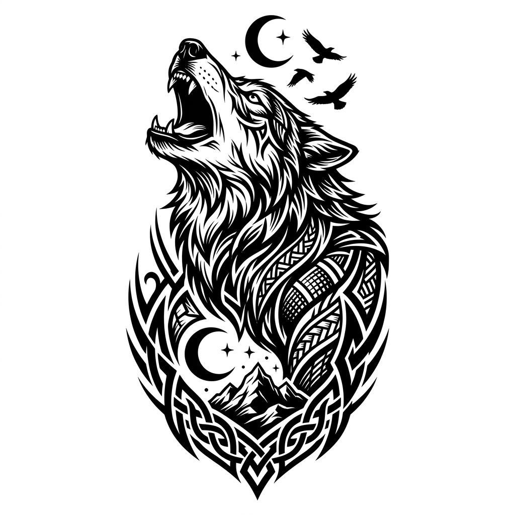 men's back tattoo blackwork wolf, design on white background