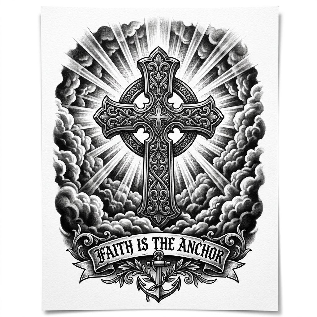 men's back tattoo religious back cross, design on white background