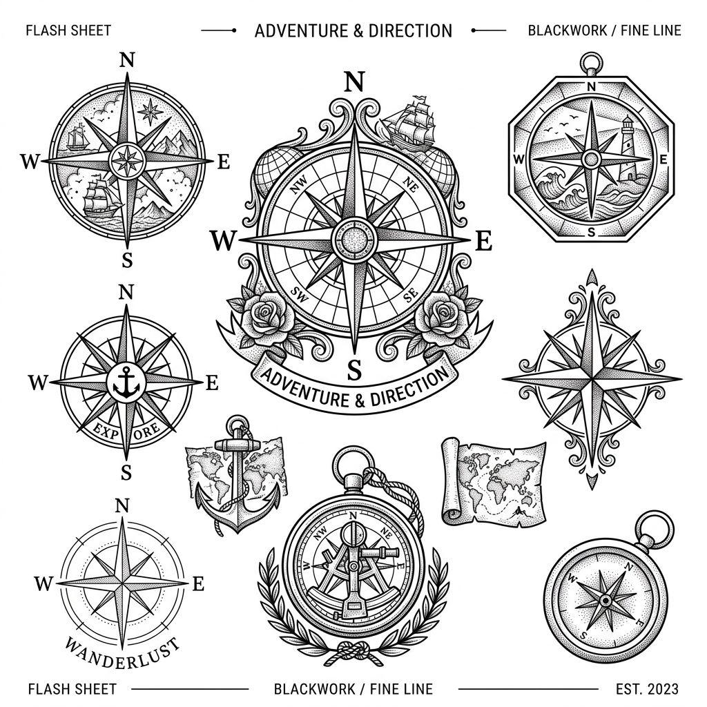 men's back tattoo compass and travel map, design on white background