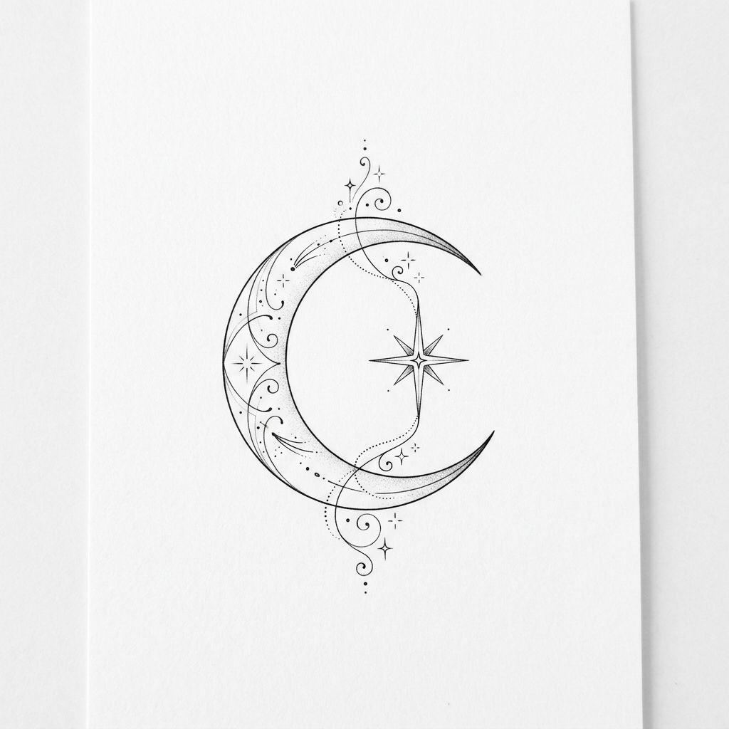 star tattoo star and crescent moon, design on white background