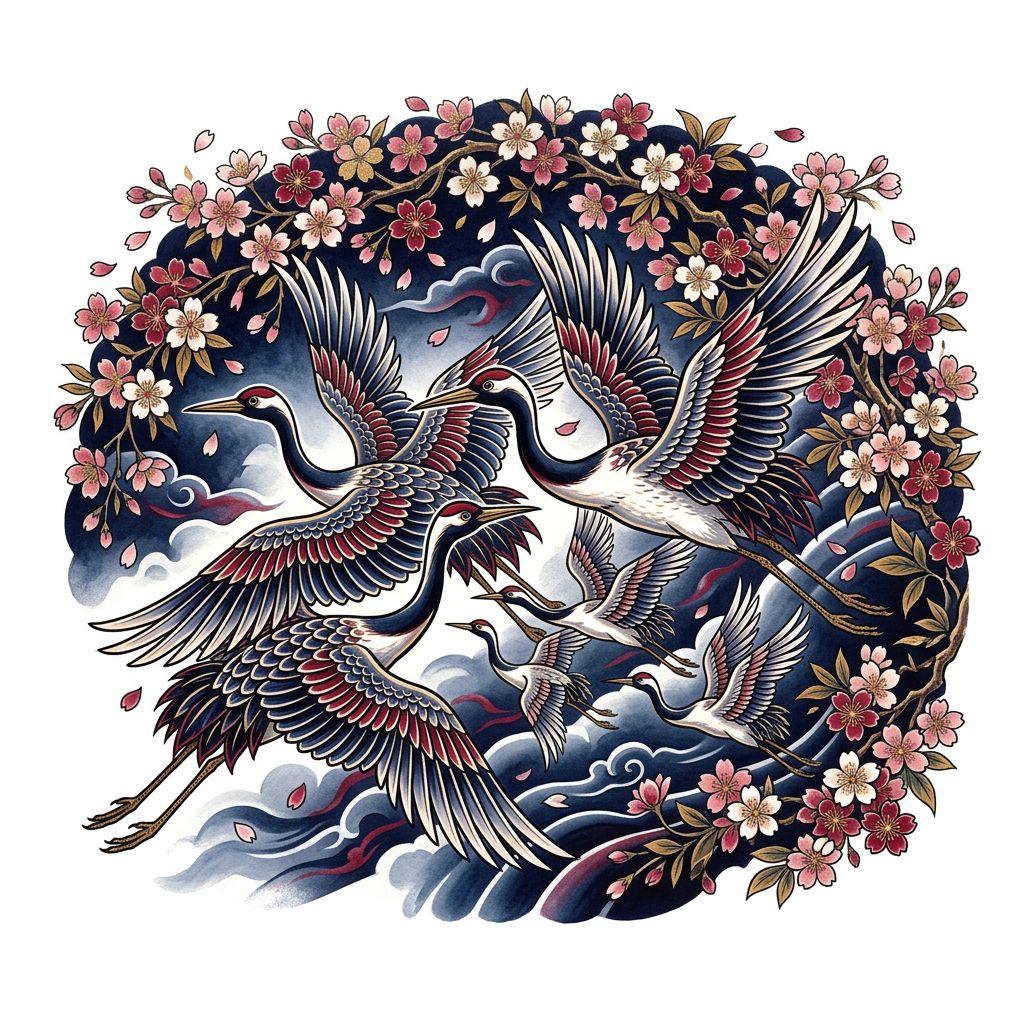 idée tatouage famille grues japonaises en vol