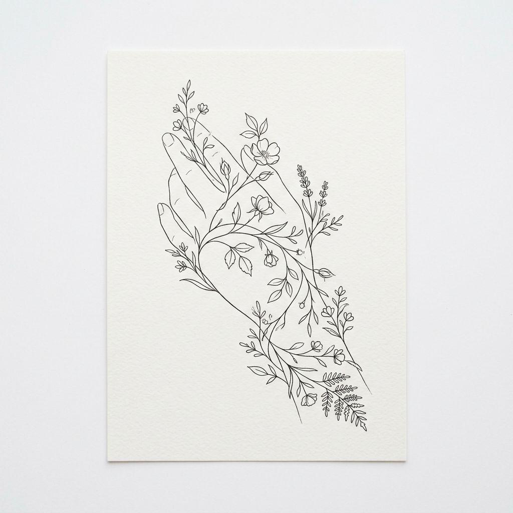 women's hand tattoo fine line flowers, design on white background