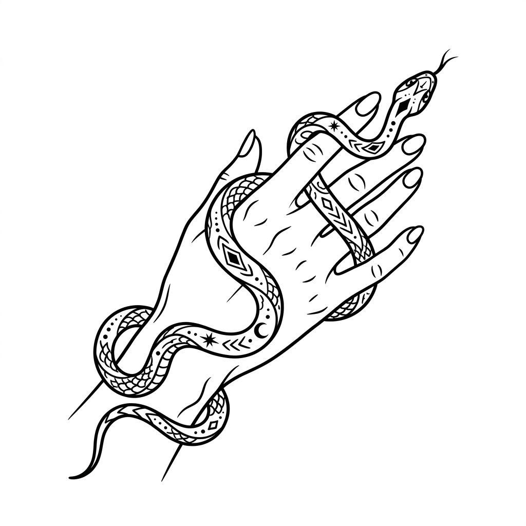 women's hand tattoo graphic snake, design on white background
