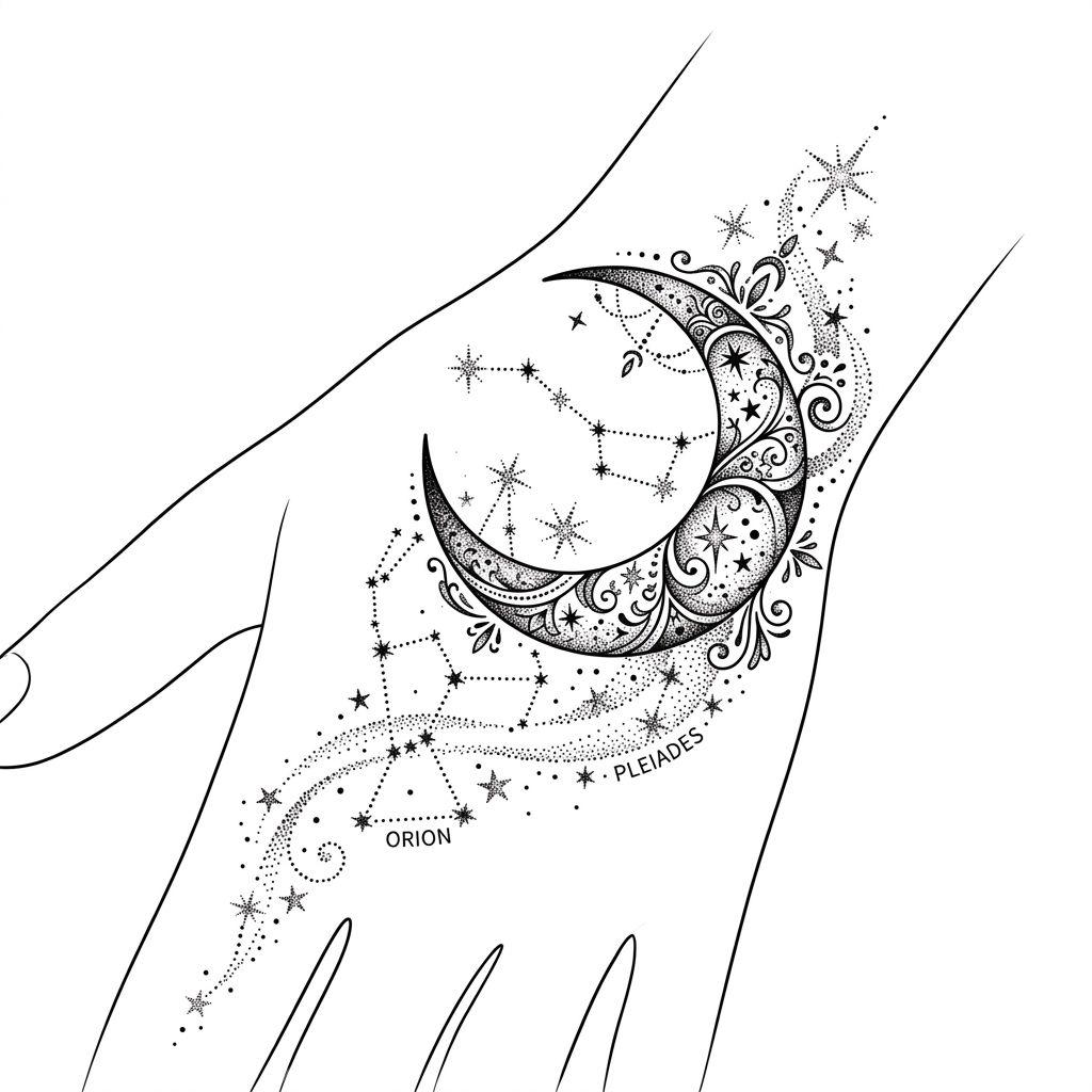 women's hand tattoo moon and stars, design on white background