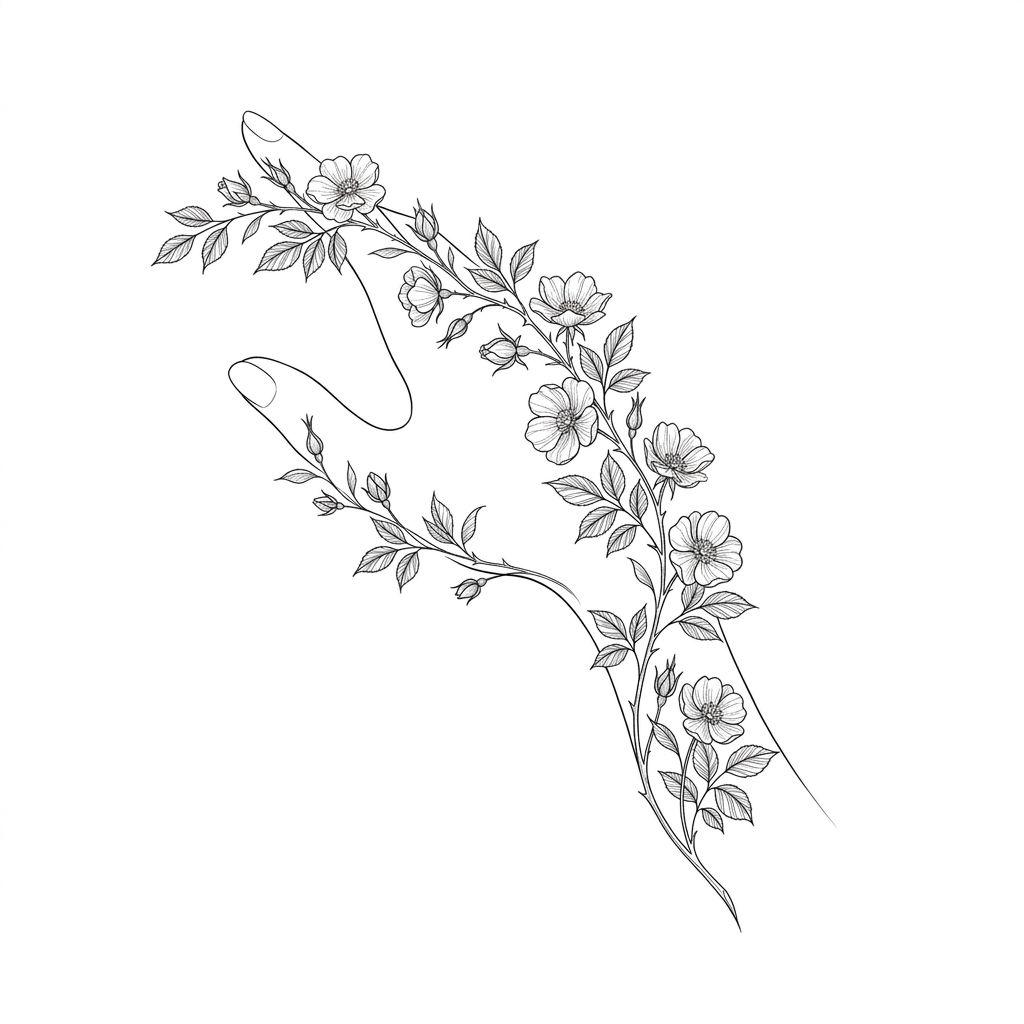 women's hand tattoo flowering branch, design on white background