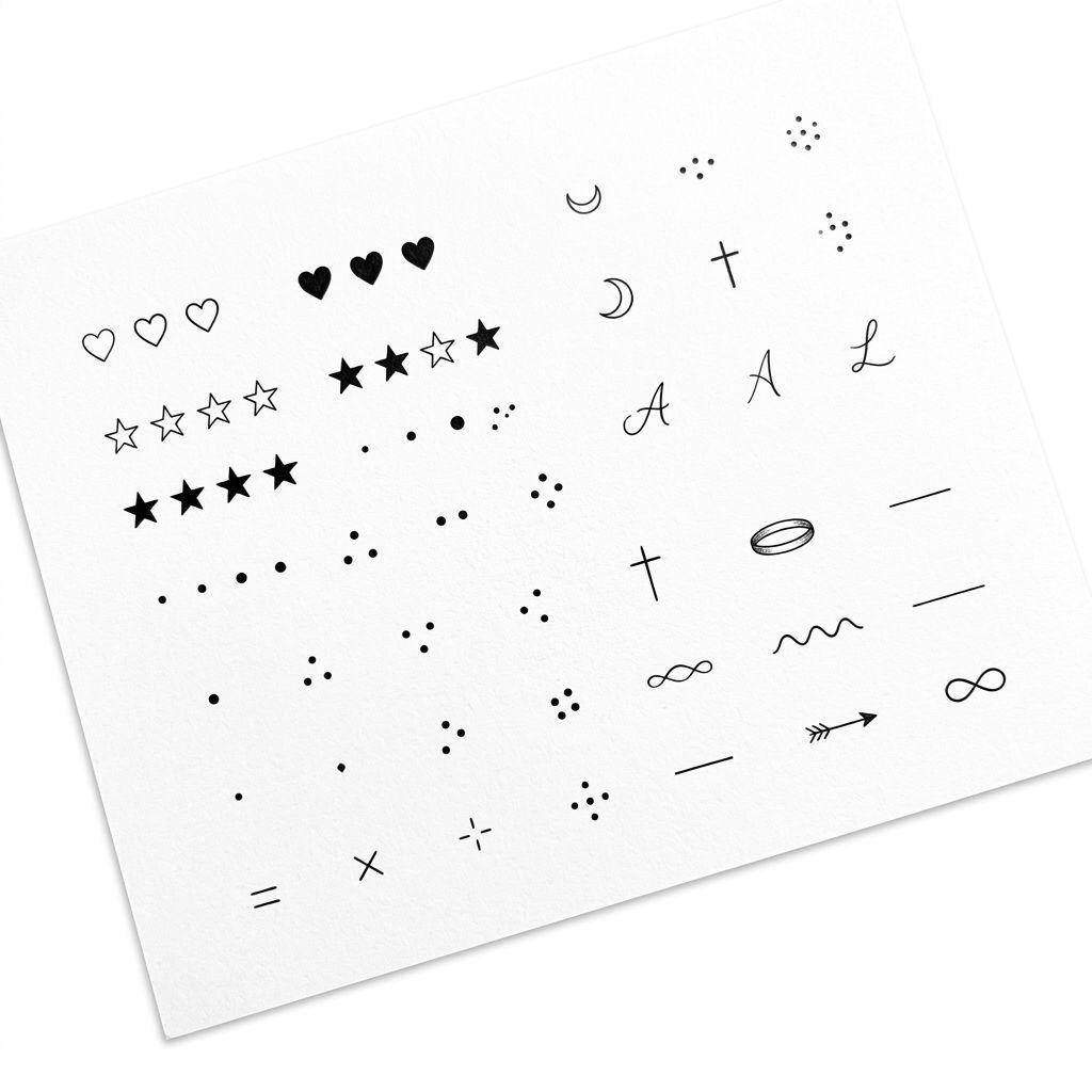 women's hand tattoo minimalist symbols, design on white background