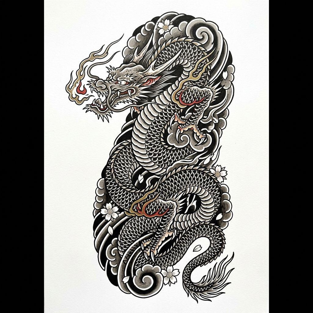 men's calf tattoo japanese dragon, design on white background