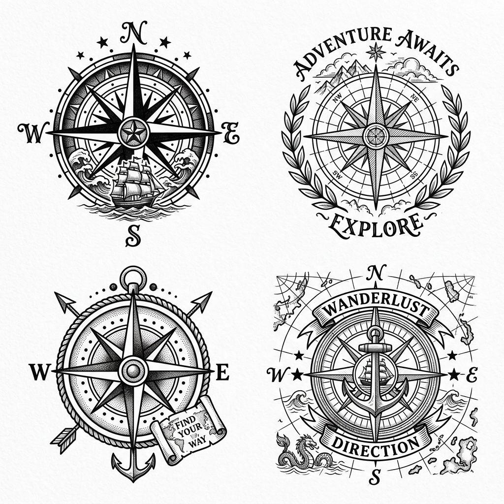 men's calf tattoo compass and map, design on white background