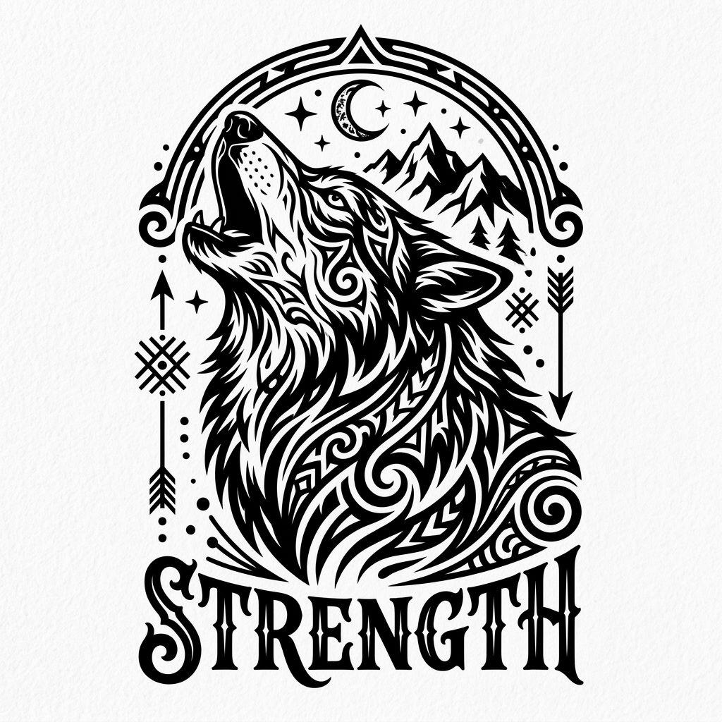 men's calf tattoo blackwork wolf, design on white background