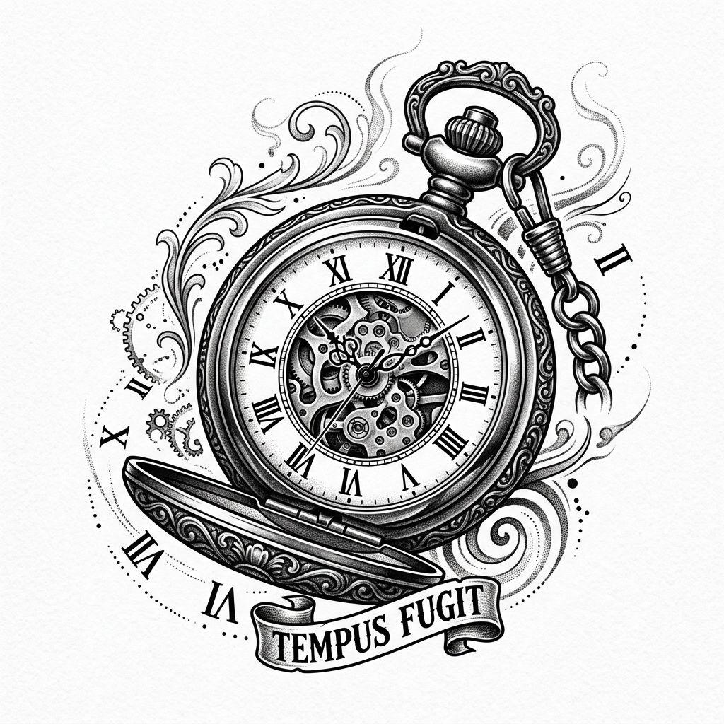 men's calf tattoo realistic clock, design on white background