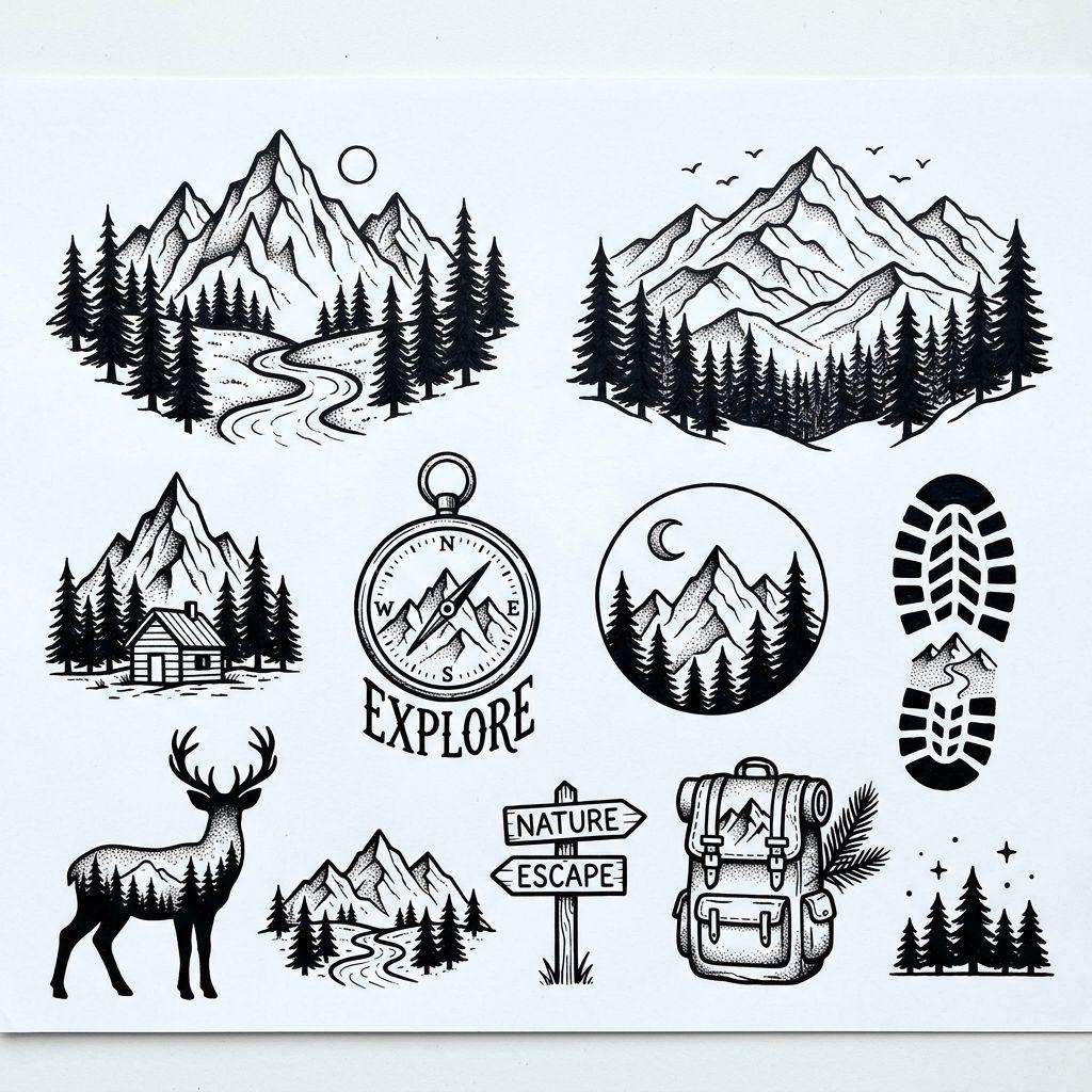 men's calf tattoo mountain and forest, design on white background
