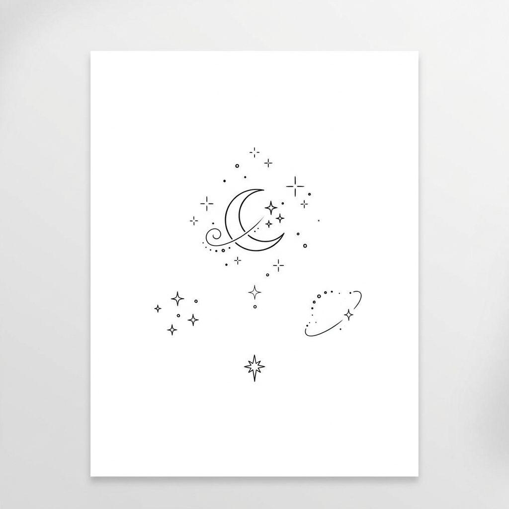 women's wrist tattoo moon and stars, design on white background