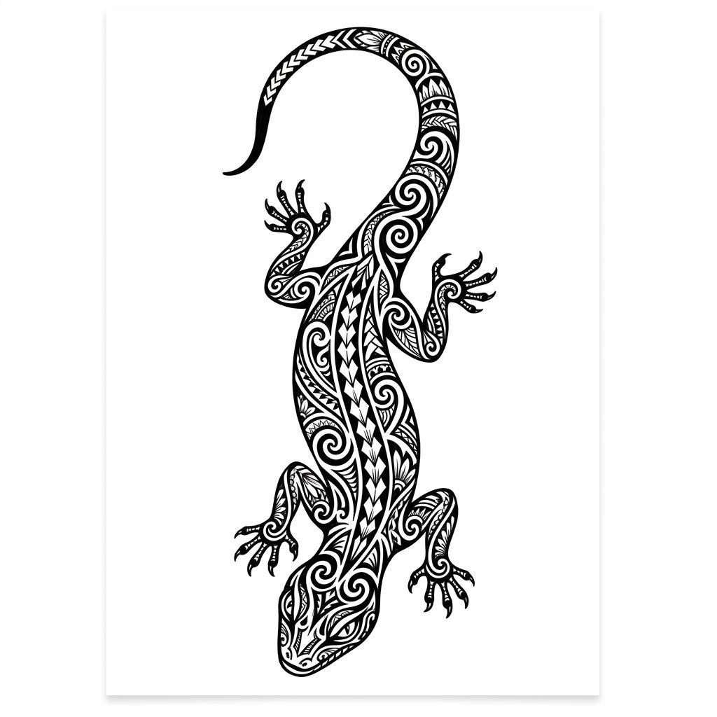 polynesian tattoo mo'o gecko lizard, design on white background