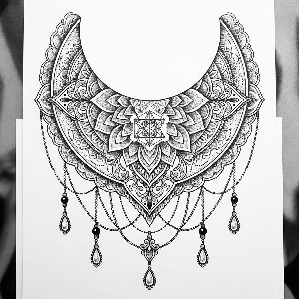 shoulder (women) tattoo half-moon mandala epaulette, design on white background