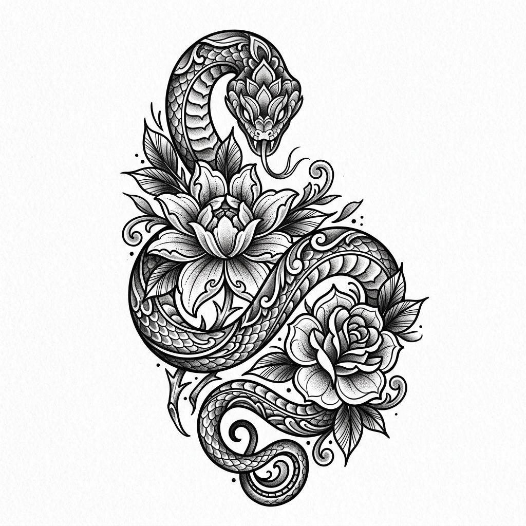 shoulder (women) tattoo neo-traditional snake and flowers, design on white background