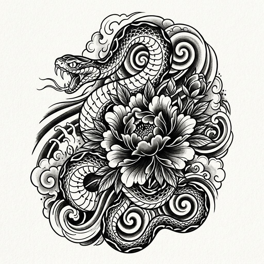 snake tattoo japanese snake and peony, design on white background