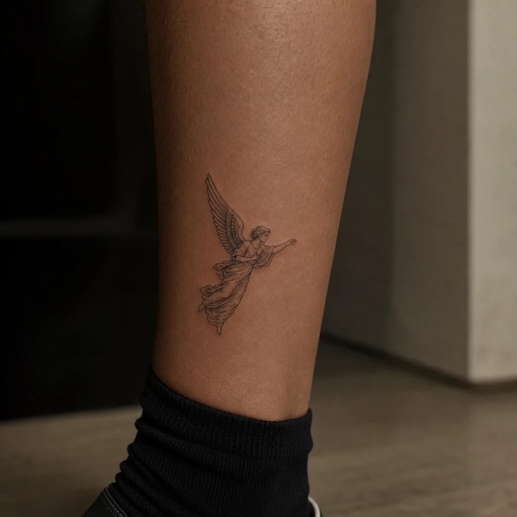 angel tattoo minimalist fine line angel, realistic photo on skin