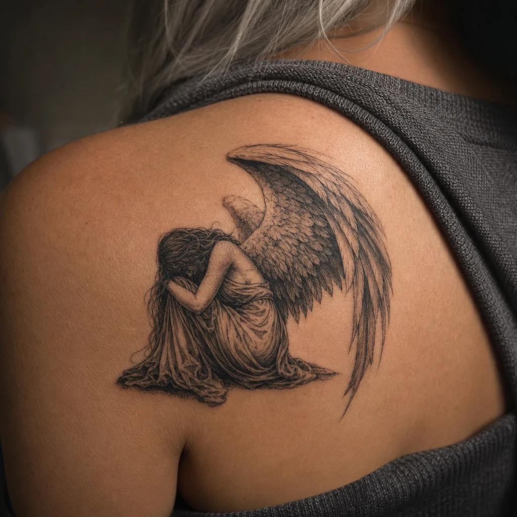 angel tattoo dramatic fallen angel, realistic photo on skin