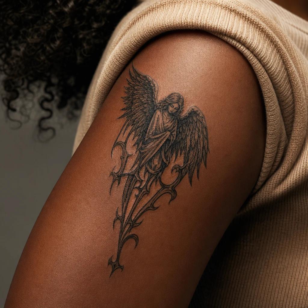 angel tattoo ornamental gothic angel, realistic photo on skin