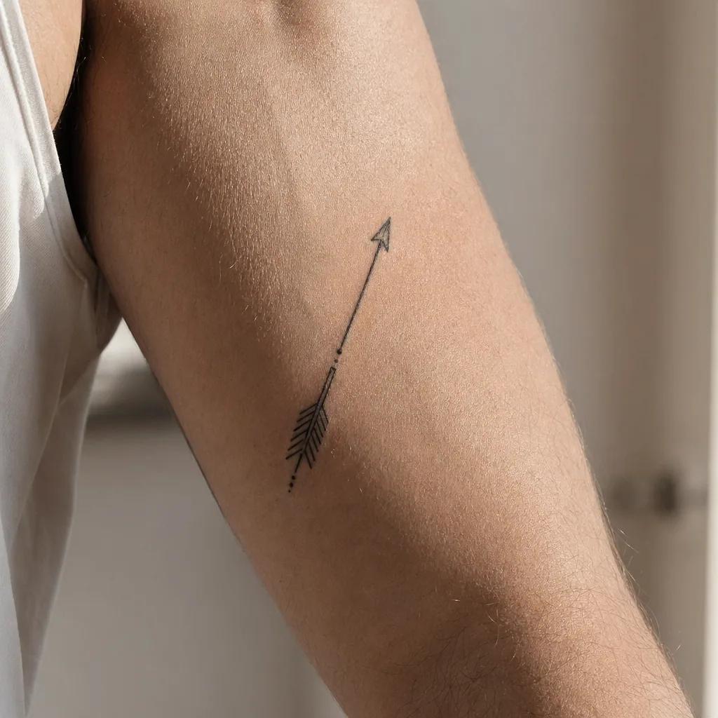 men's arm tattoo minimalist arrow, realistic photo on skin