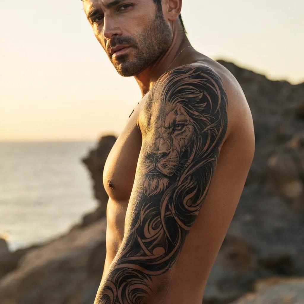 men's arm tattoo fine line mountain, realistic photo on skin
