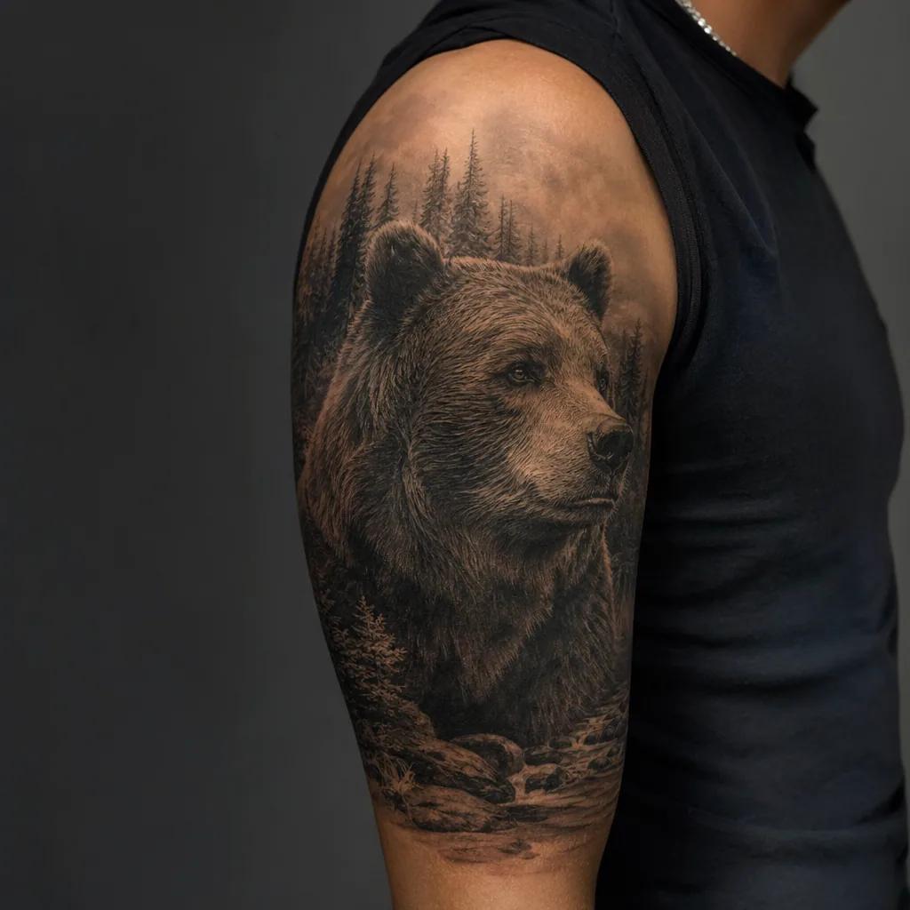 men's arm tattoo blackwork lion, realistic photo on skin