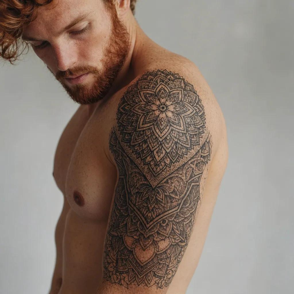men's arm tattoo japanese samurai, realistic photo on skin