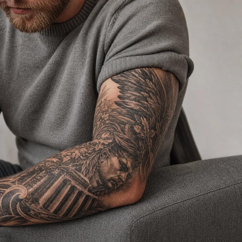men's arm tattoo premium sleeve, realistic photo on skin