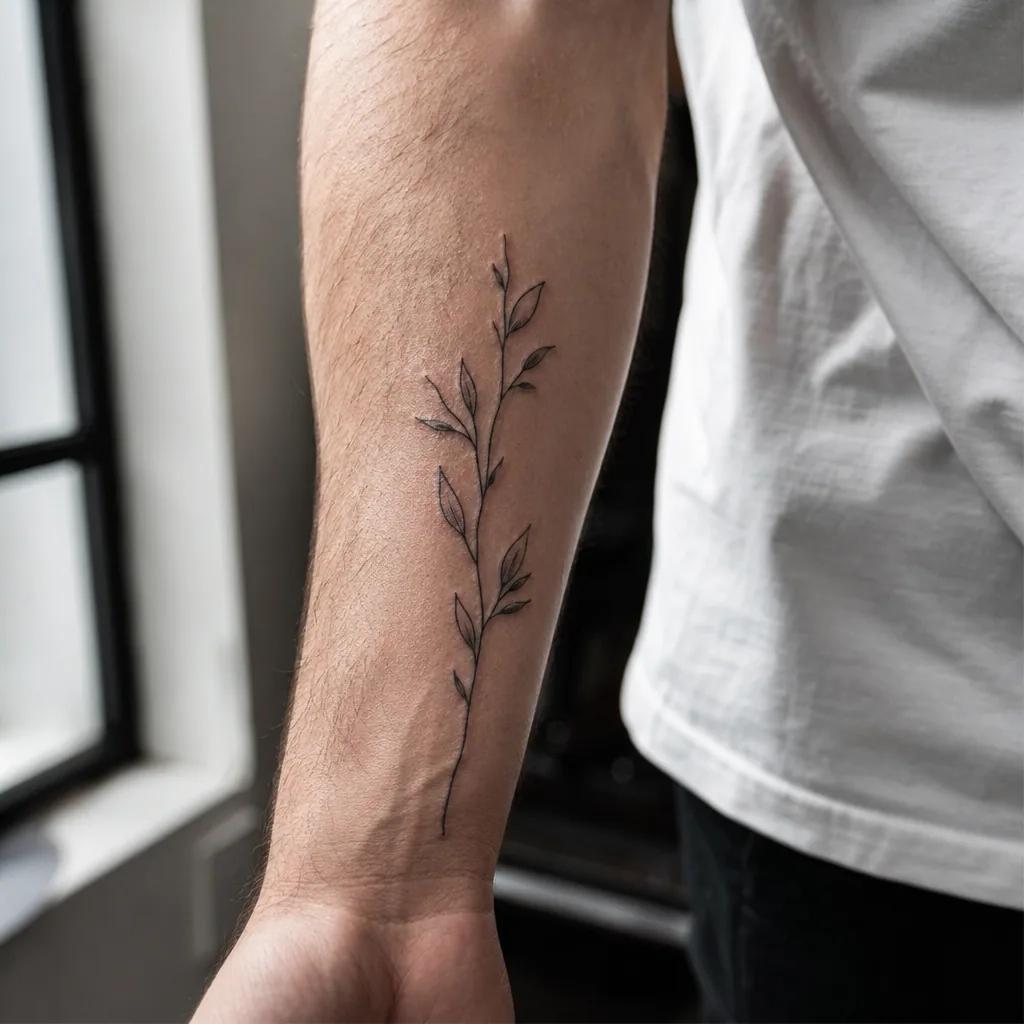 idée tatouage avant-bras branche minimaliste verticale