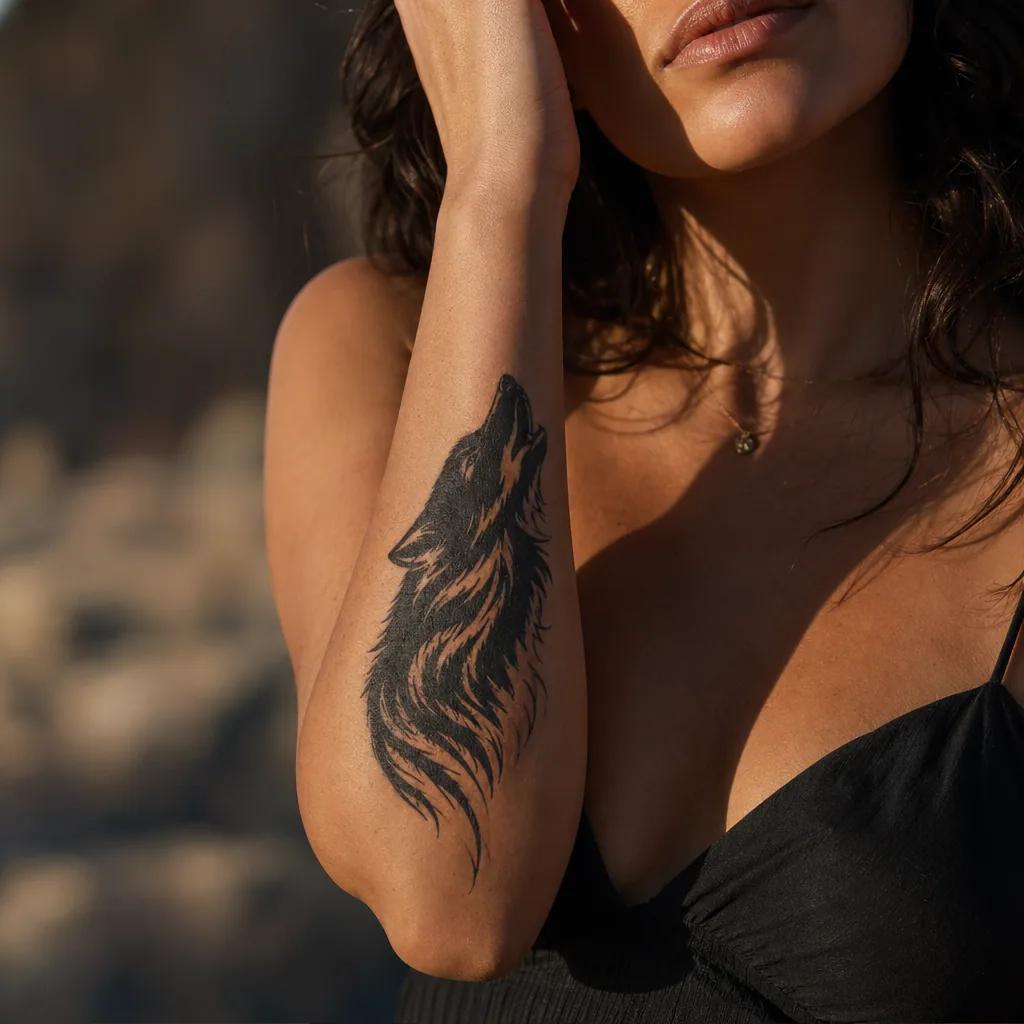 idée tatouage avant-bras loup blackwork vertical