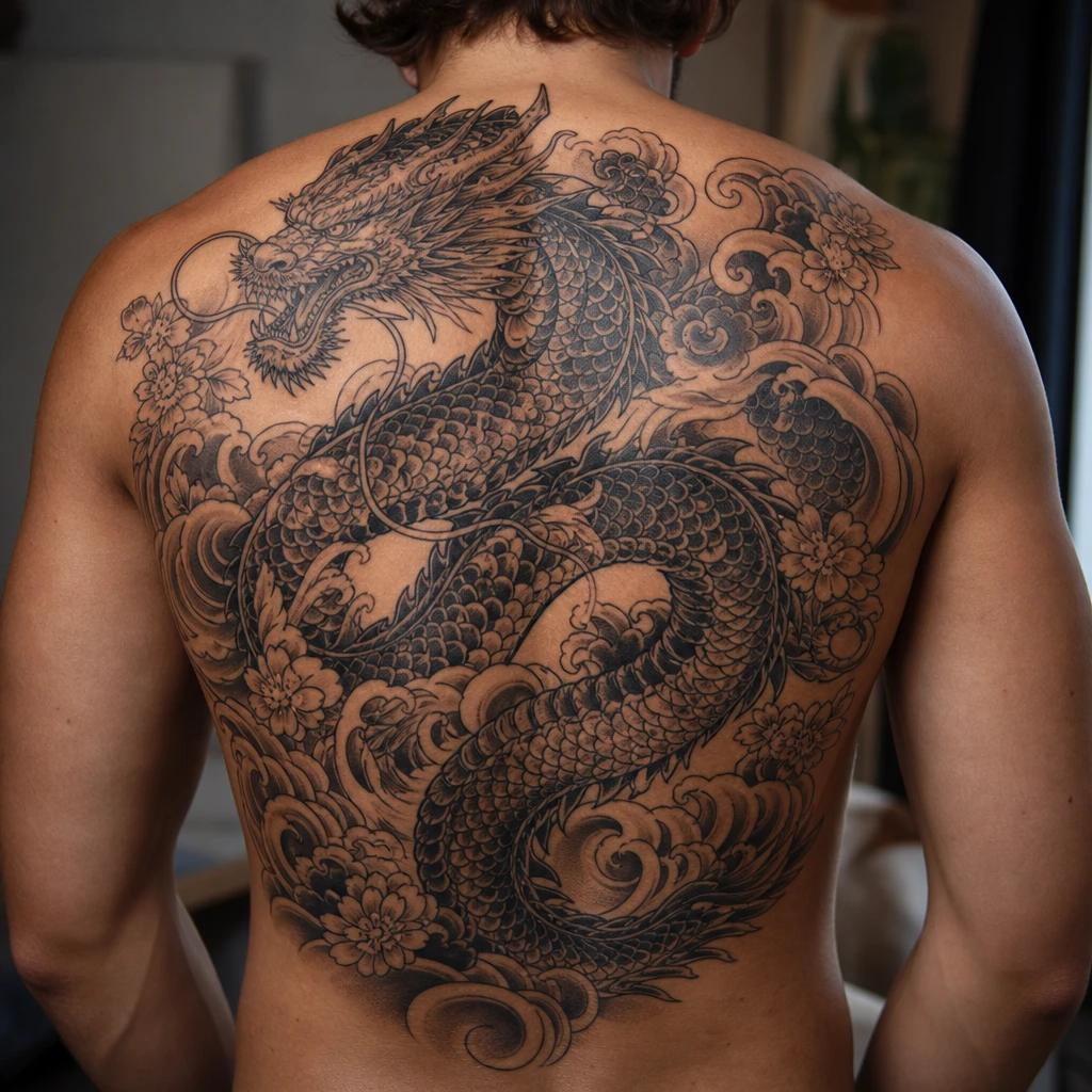 men's back tattoo japanese irezumi dragon, realistic photo on skin