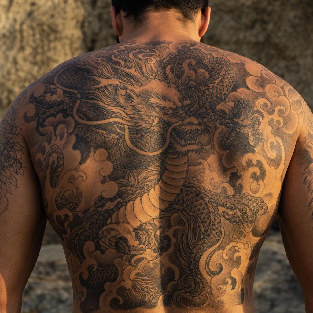 men's back tattoo japanese irezumi dragon, realistic photo on skin