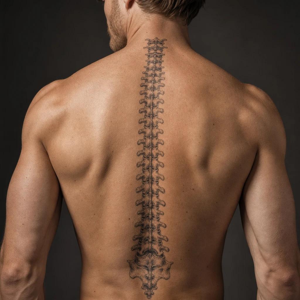 men's back tattoo spine motto, realistic photo on skin
