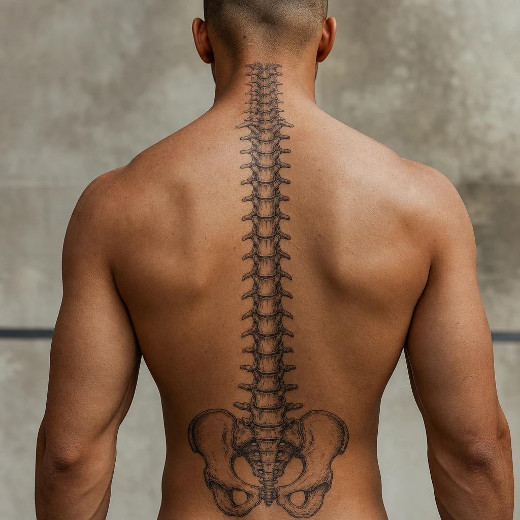 men's back tattoo spine motto, realistic photo on skin